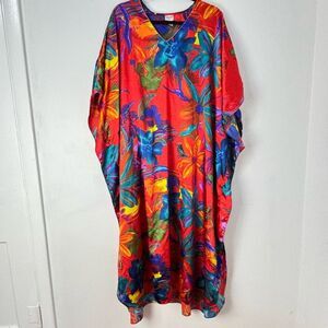 Vintage Satiny Red Floral Kaftan Midi Dress OS Tropical Resort Artsy Vacation